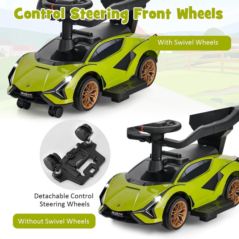 INFANS 3 in 1 Ride on Push Car, Licensed Lamborghini Baby Stroller Sliding Walking Car with Push Handle, Music, USB, Headlight, Under Seat Storage, Kids Foot-to-Floor Toy for 18-60 Months (Green) - Image 4